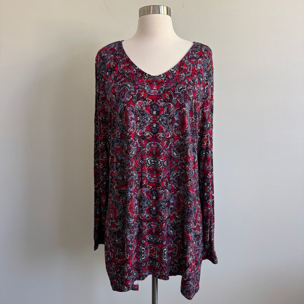 J. Jill Womens Red Blue Paisley Medallion V-Neck Long Sleeve Tunic Top Size L